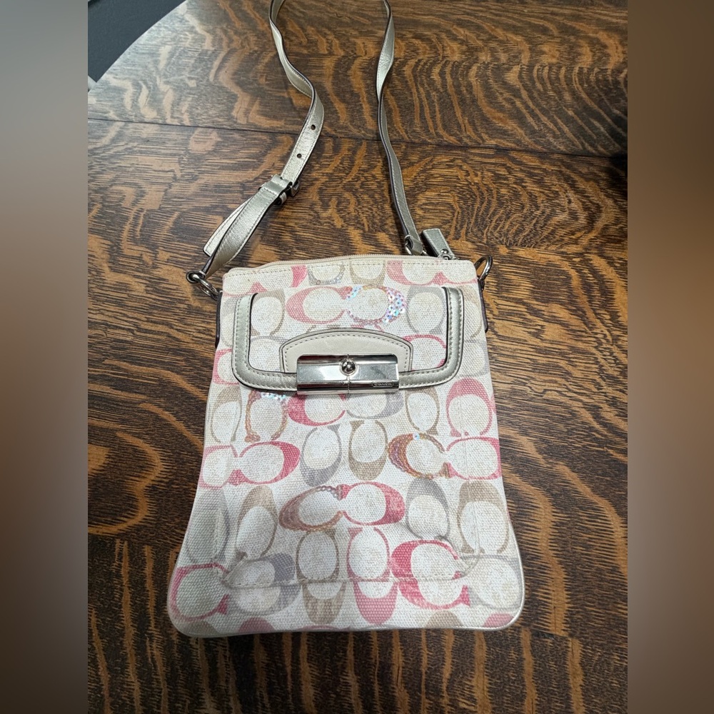 Coach Pink and Neutral Signature Crossbody with Metallic Trim